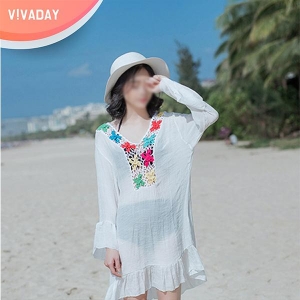 VIVA-I53 컬러넥라인 비치블라우스 원피스