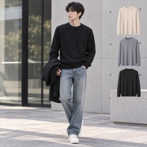 남성 3컬러 라운드넥 꽈배기 캐주얼 니트
