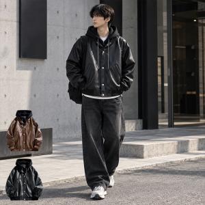남성 2컬러 캐주얼 후드 스트링 레더 자켓