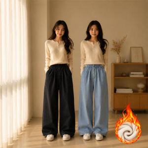 여성 2컬러 데님 기모 밴딩 와이드팬츠