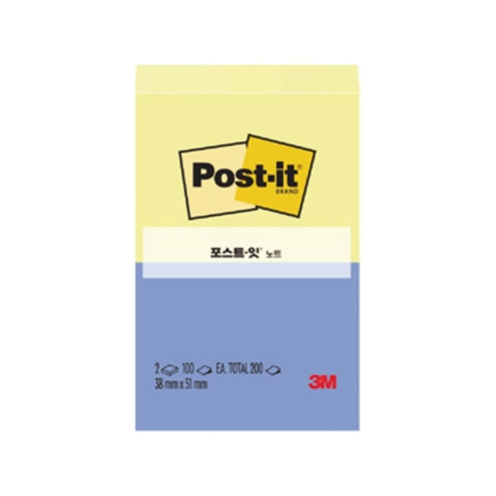 3M 포스트잇 일반 653-2 노랑/파랑 점착식 메모지 / (51x38 100매/2패드) (1개입)
